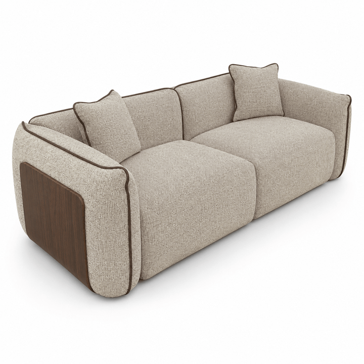 Beige sofa with wooden armrests on a white background