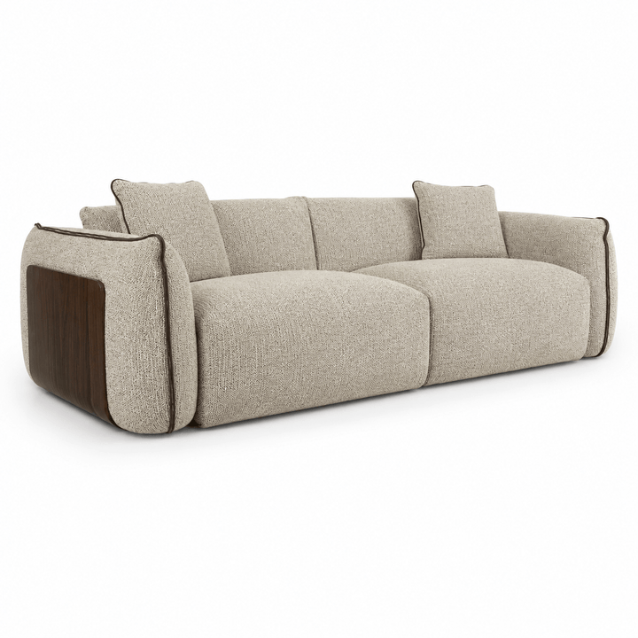 Beige sofa with wooden armrests on a white background
