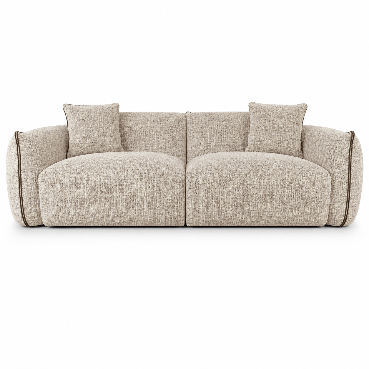 Beige sofa with two cushions on a white background