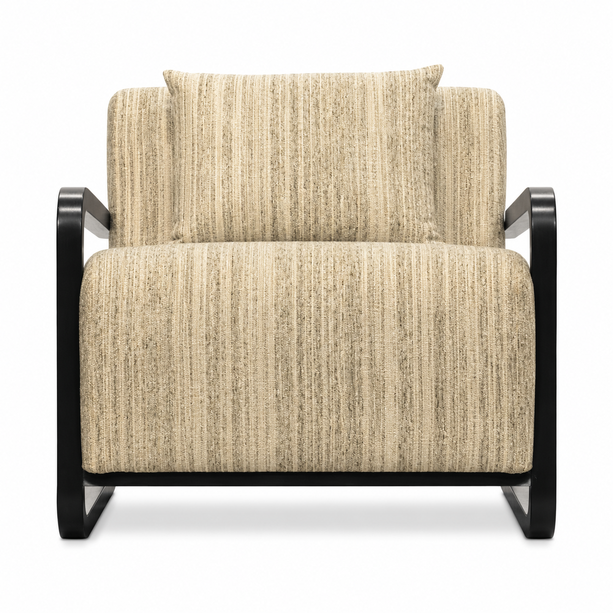 Beige armchair with black frame on a white background