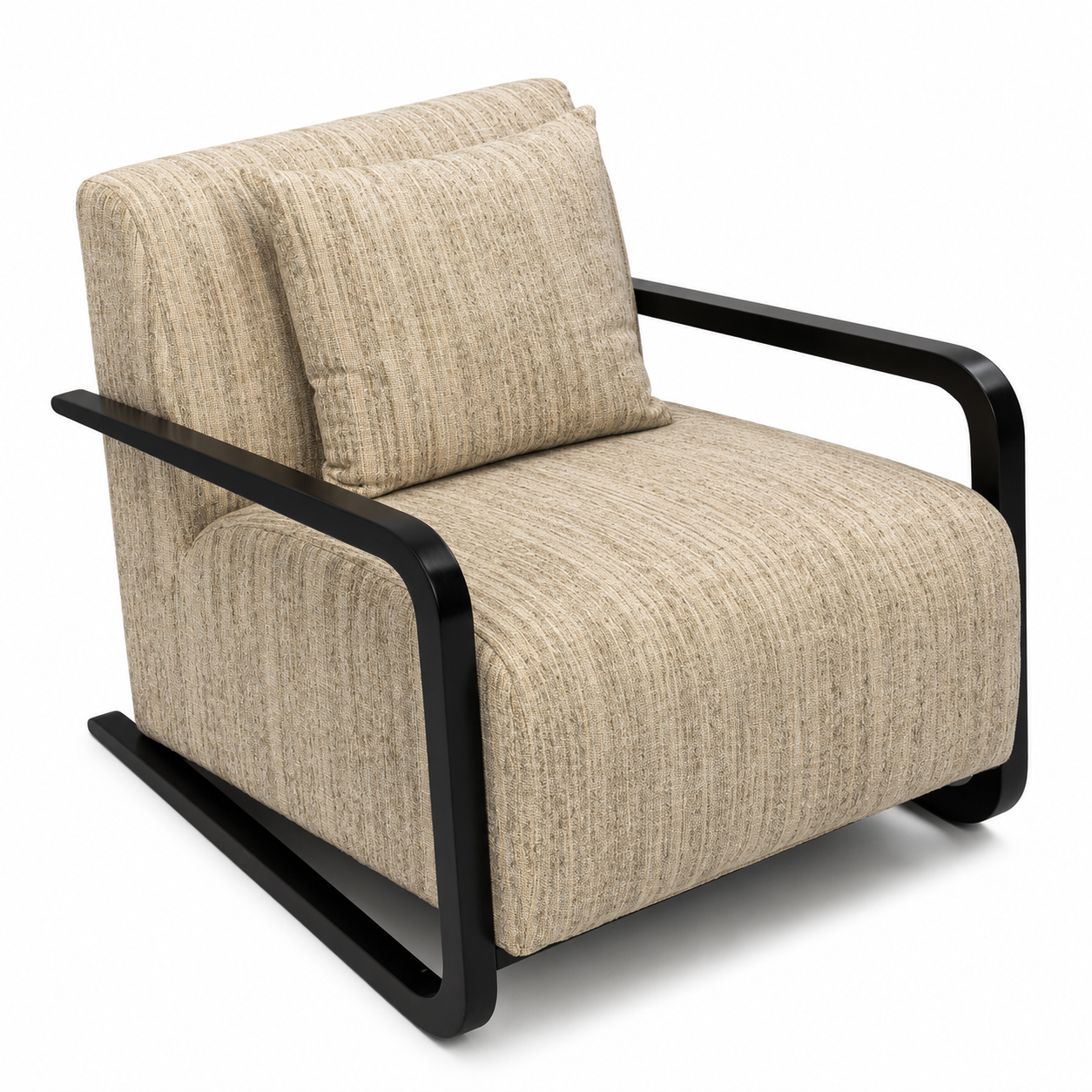Beige armchair with black frame on a white background