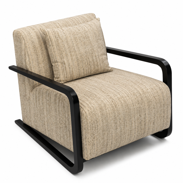 Beige armchair with black frame on a white background