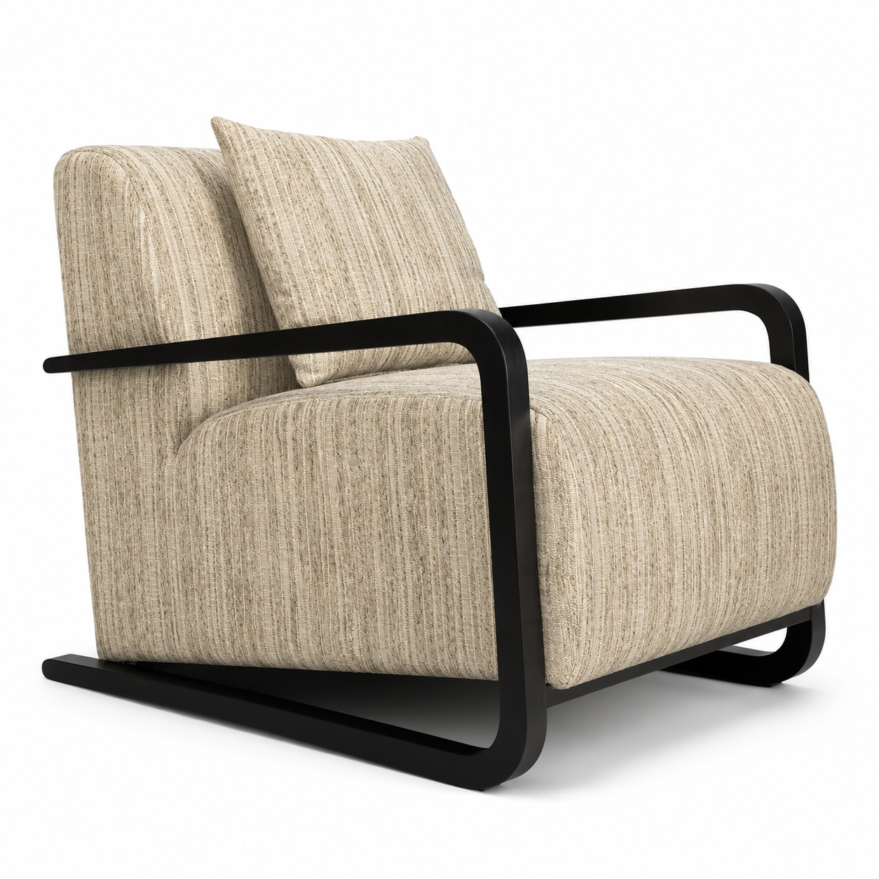 Beige armchair with black frame on a white background