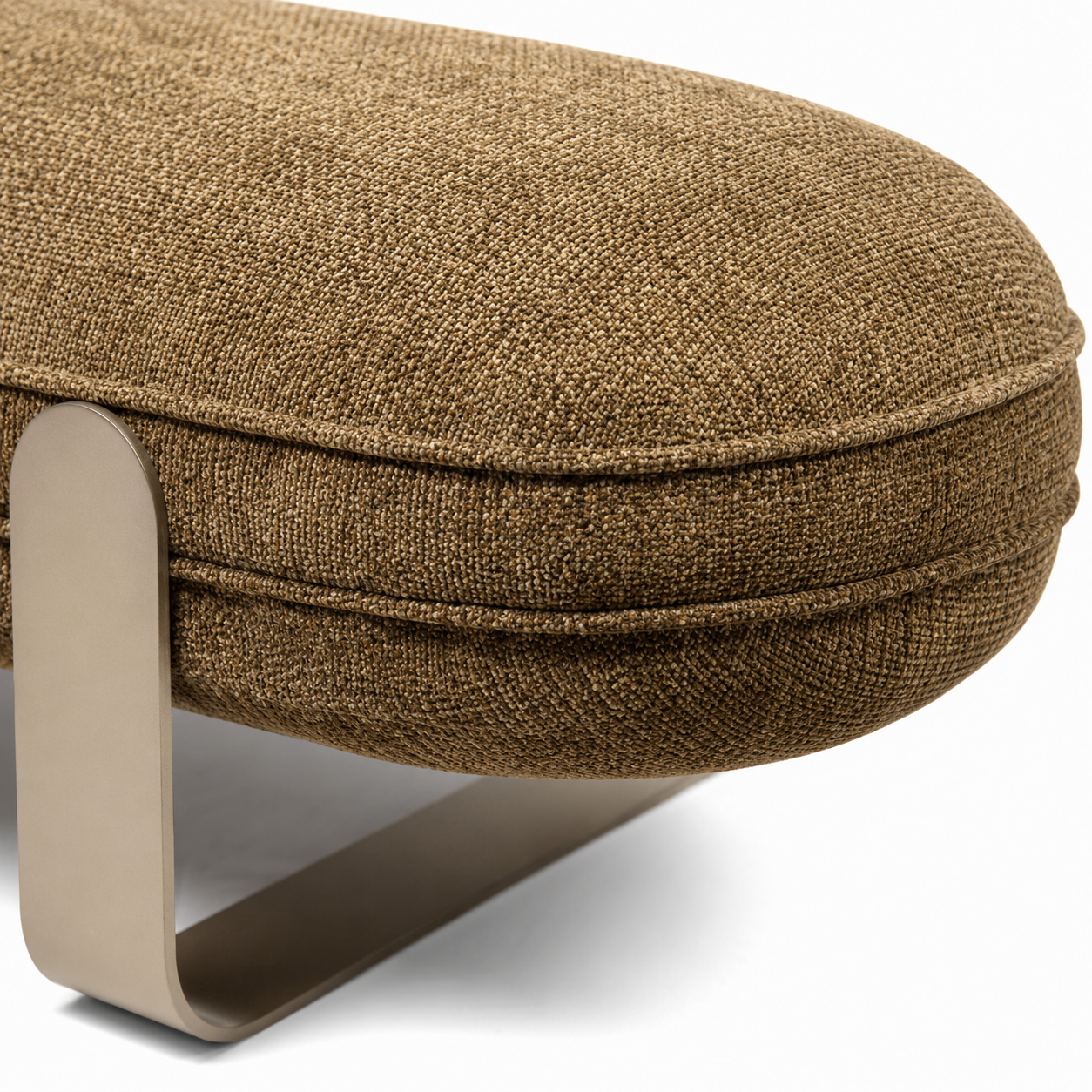 Brown textured ottoman with a beige metal base on a white background