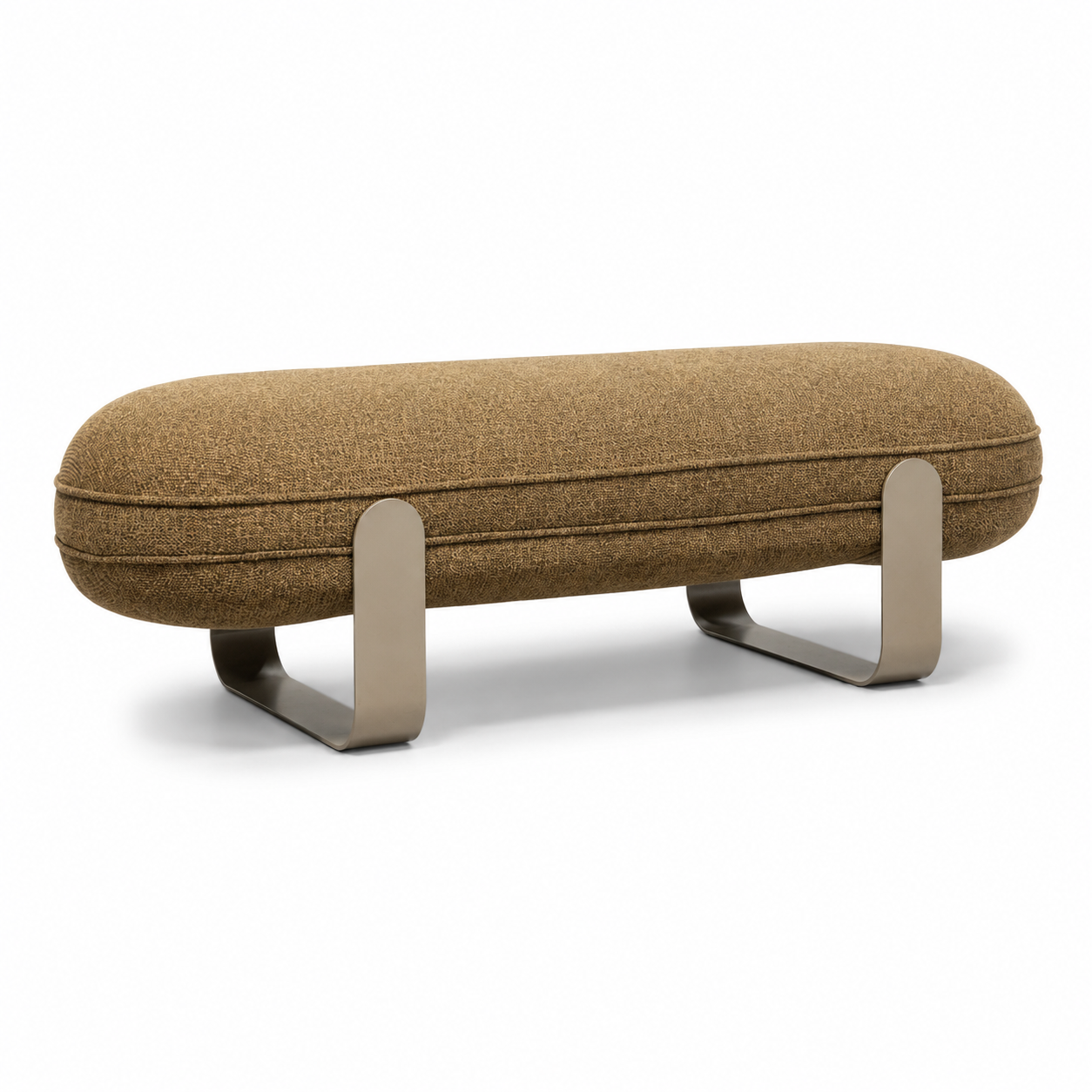 Brown upholstered bench with metal legs on a white background