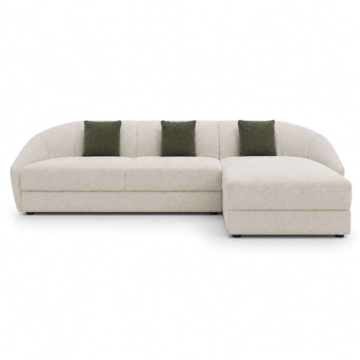 Beige sectional sofa with green cushions on a white background