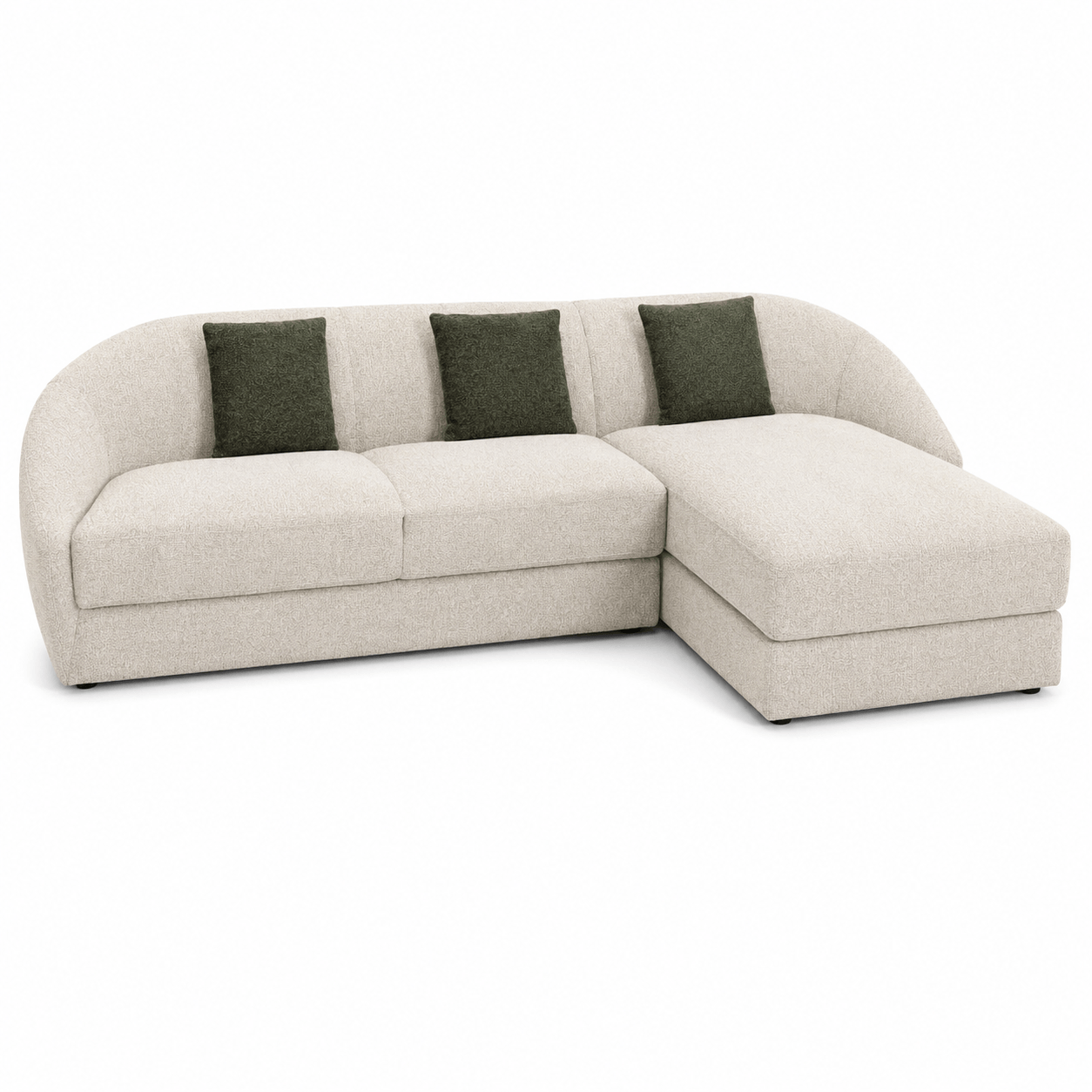 Beige sectional sofa with green cushions on a white background