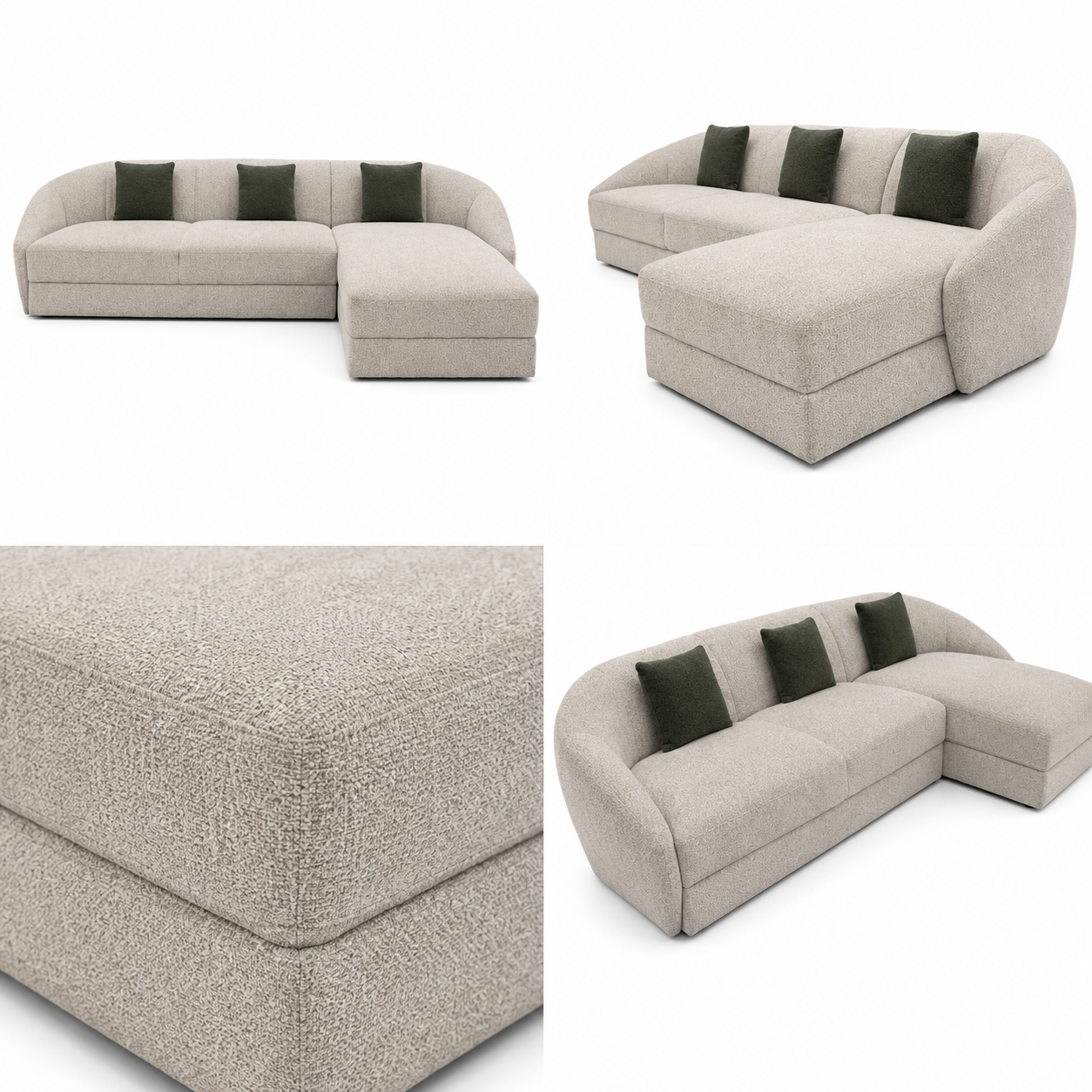 Beige sectional sofa with dark cushions on a white background