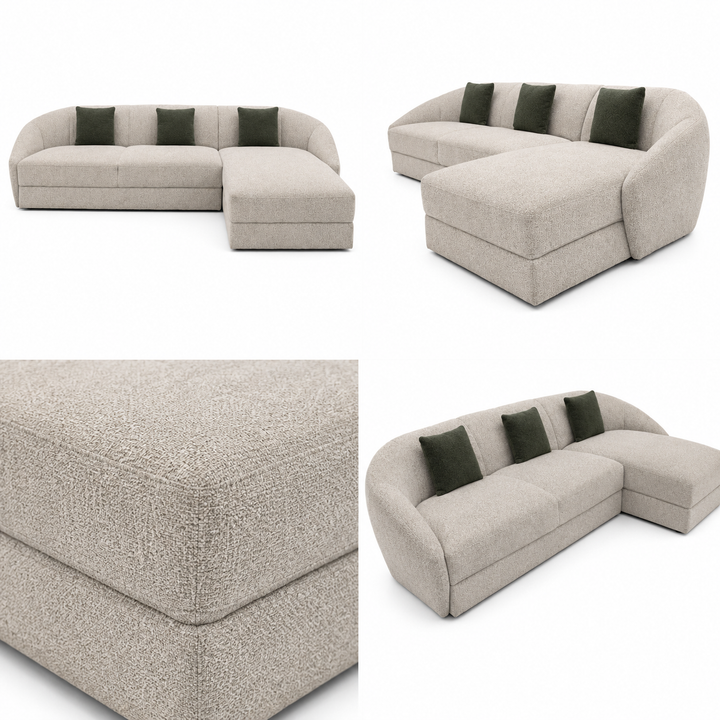 Beige sectional sofa with dark cushions on a white background