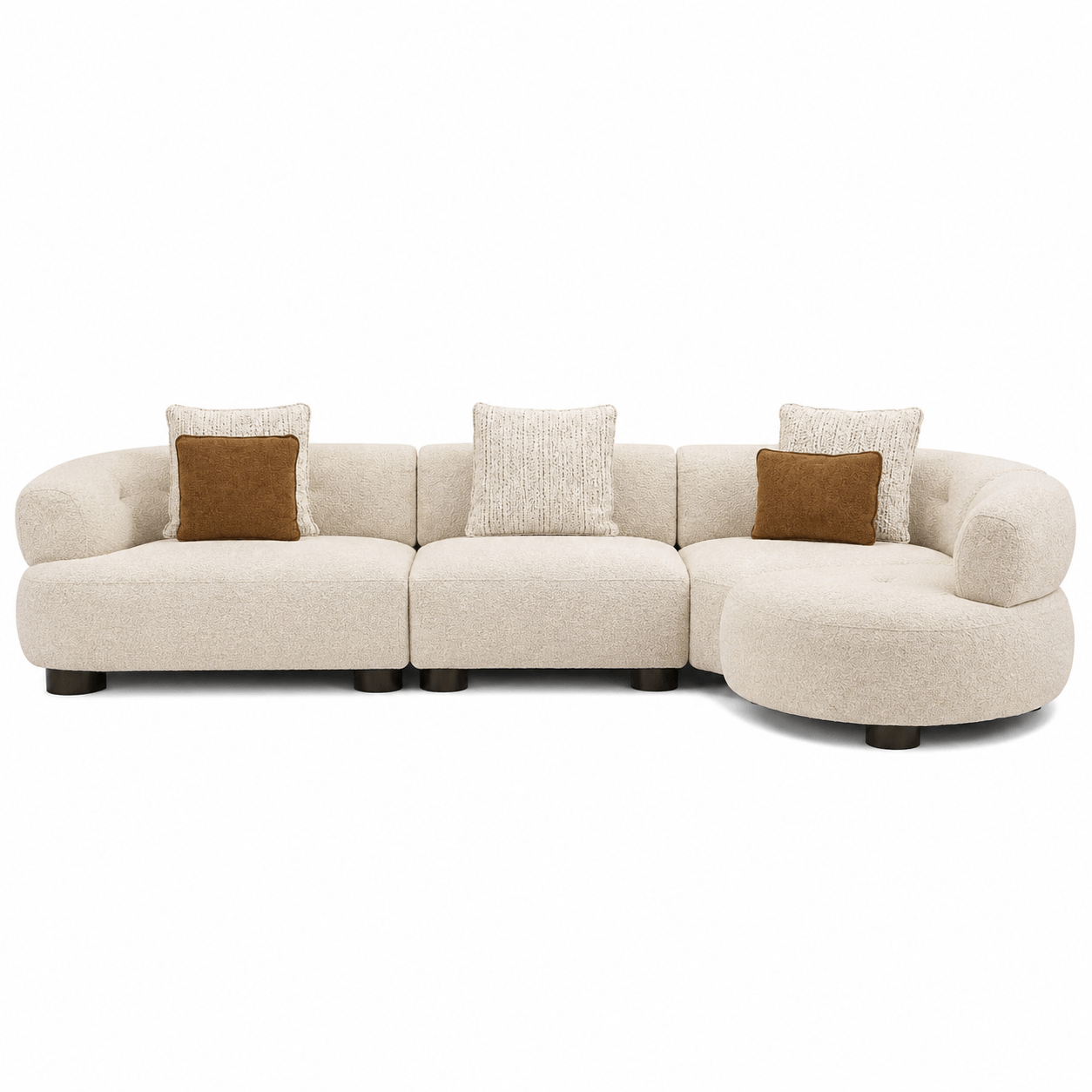 Beige sectional sofa with brown and beige cushions on a white background