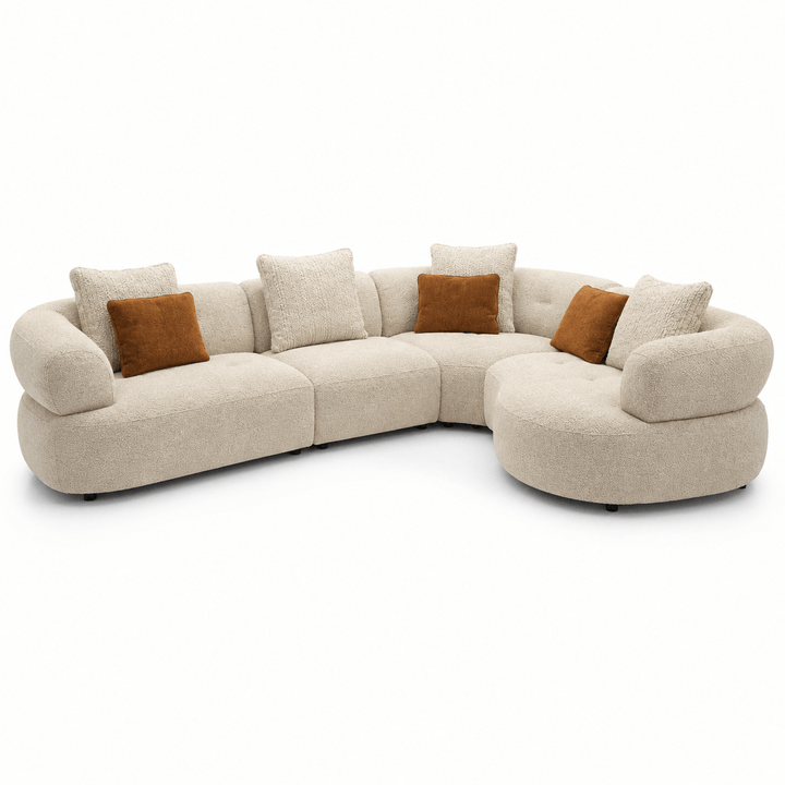 Beige sectional sofa with brown cushions on a white background