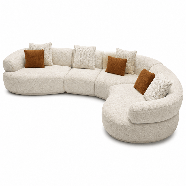 White sectional sofa with brown cushions on a white background