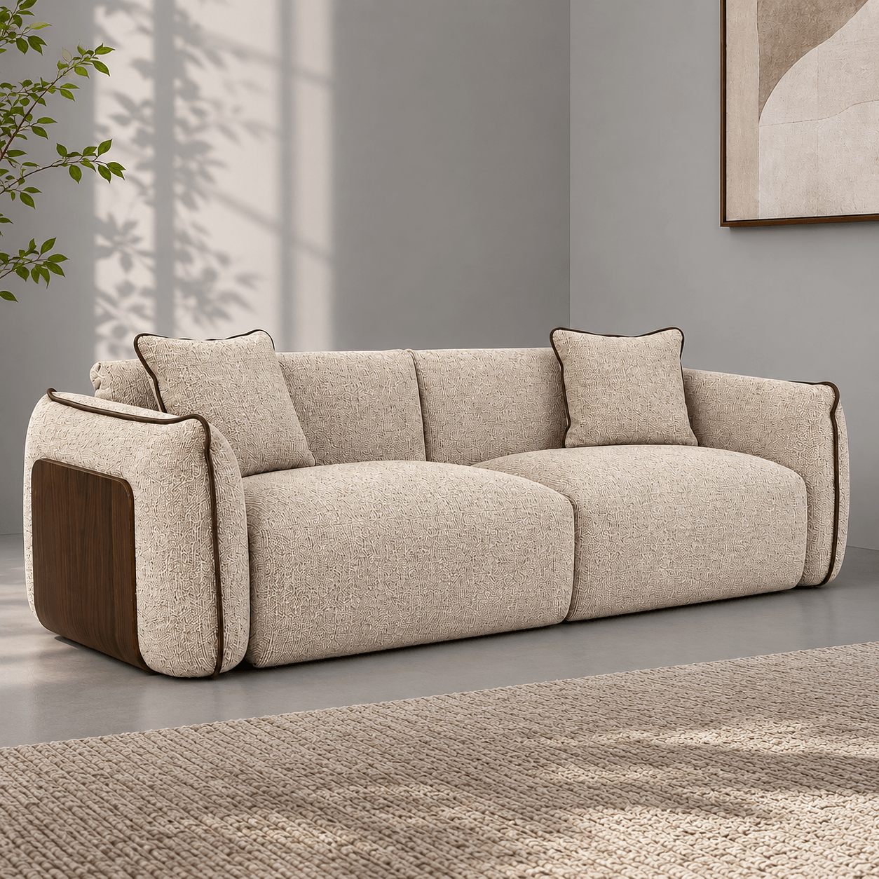 Beige sofa with wooden armrests in a room with a plant and abstract painting.