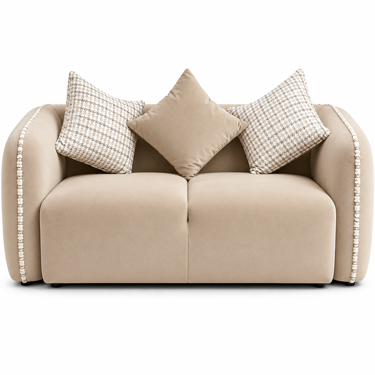 Beige sofa with patterned cushions on a white background