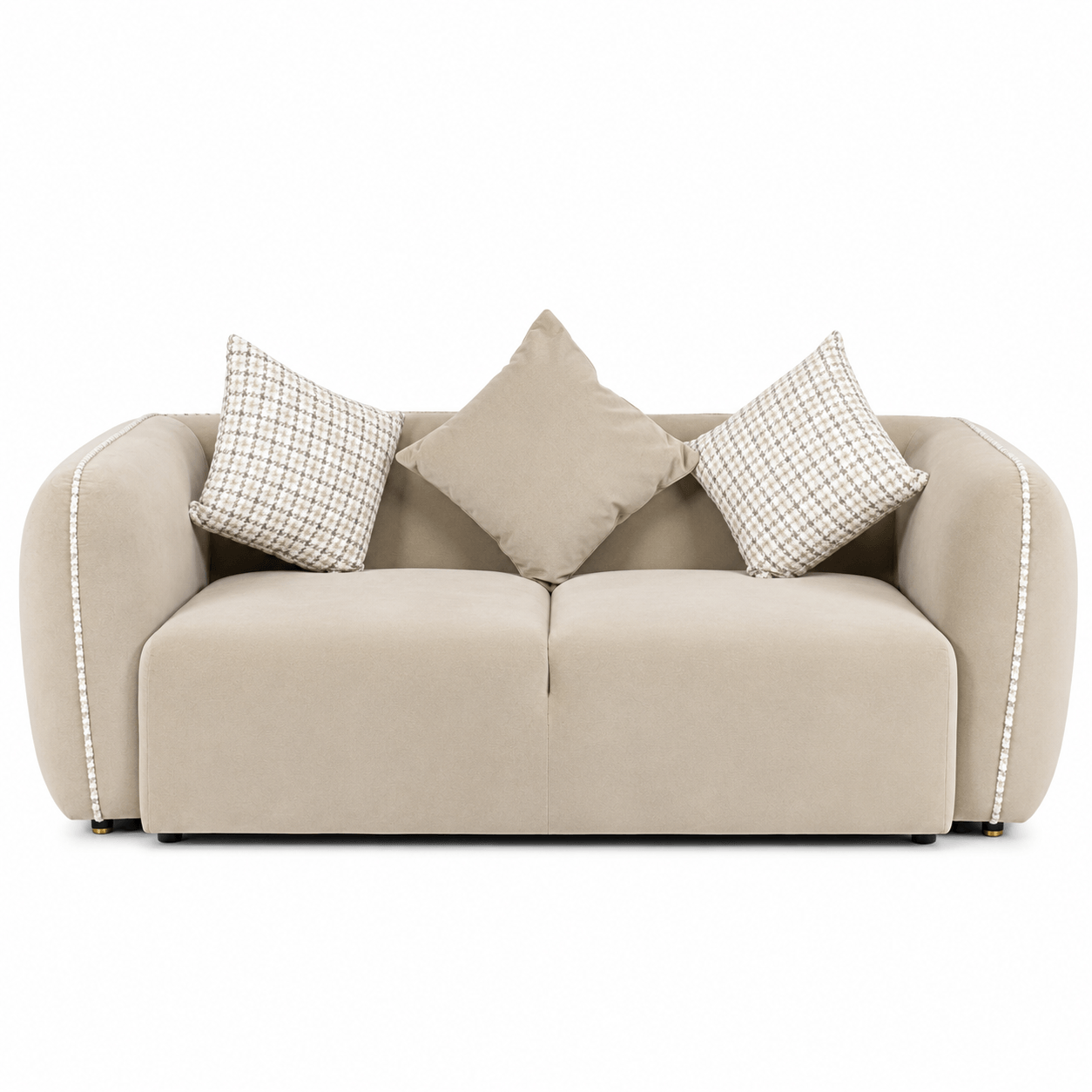 Beige sofa with decorative pillows on a white background