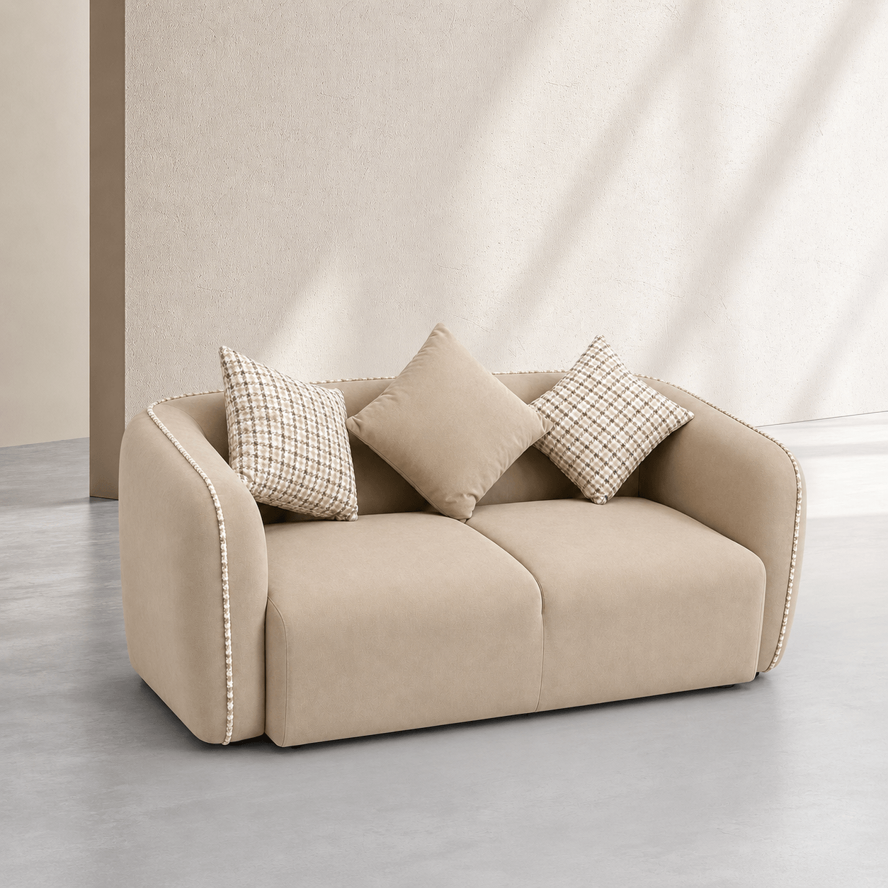 Beige sofa with decorative pillows in a minimalistic room.