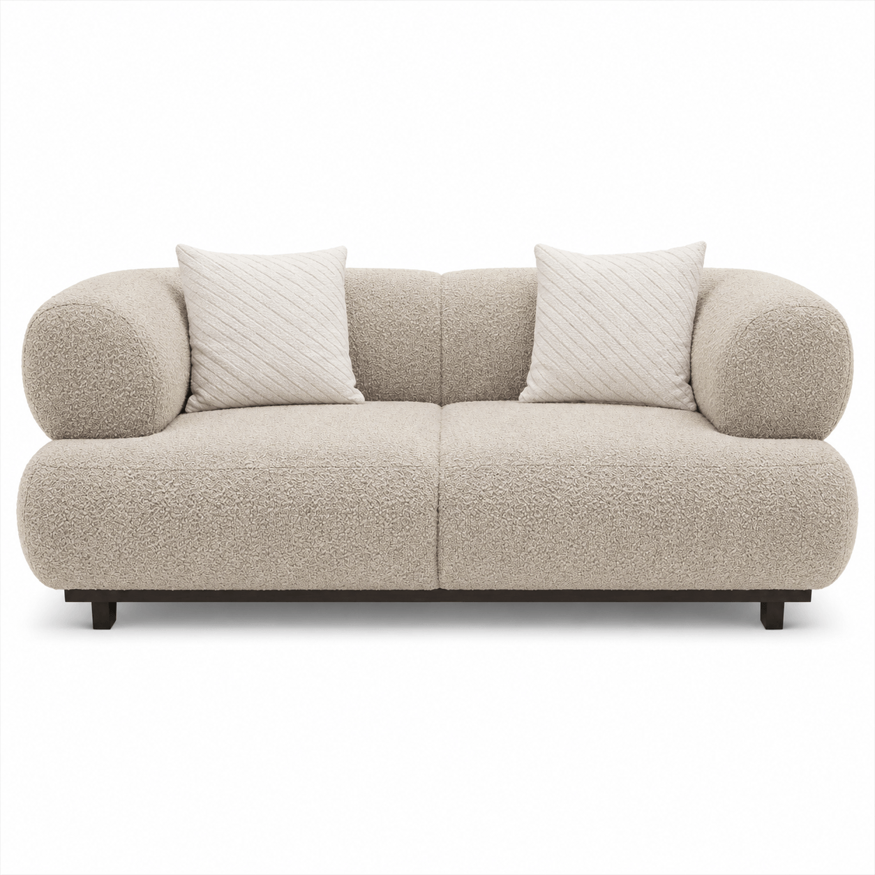 Beige sofa with two white pillows on a white background