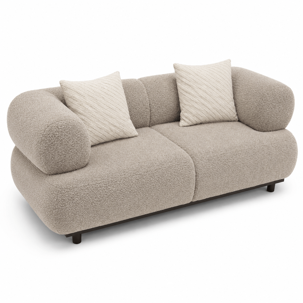 Beige sofa with two cushions on a white background