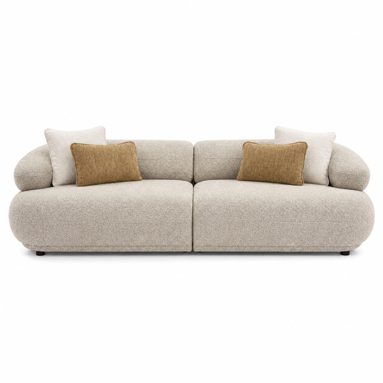 Beige sofa with brown cushions on a white background