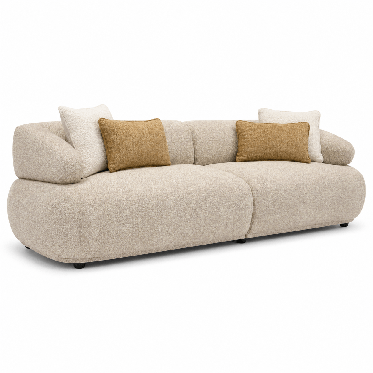 Beige sofa with brown and white cushions on a white background