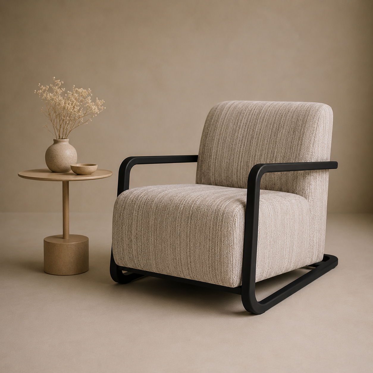 Beige armchair with black frame next to a small side table with a vase on a beige background