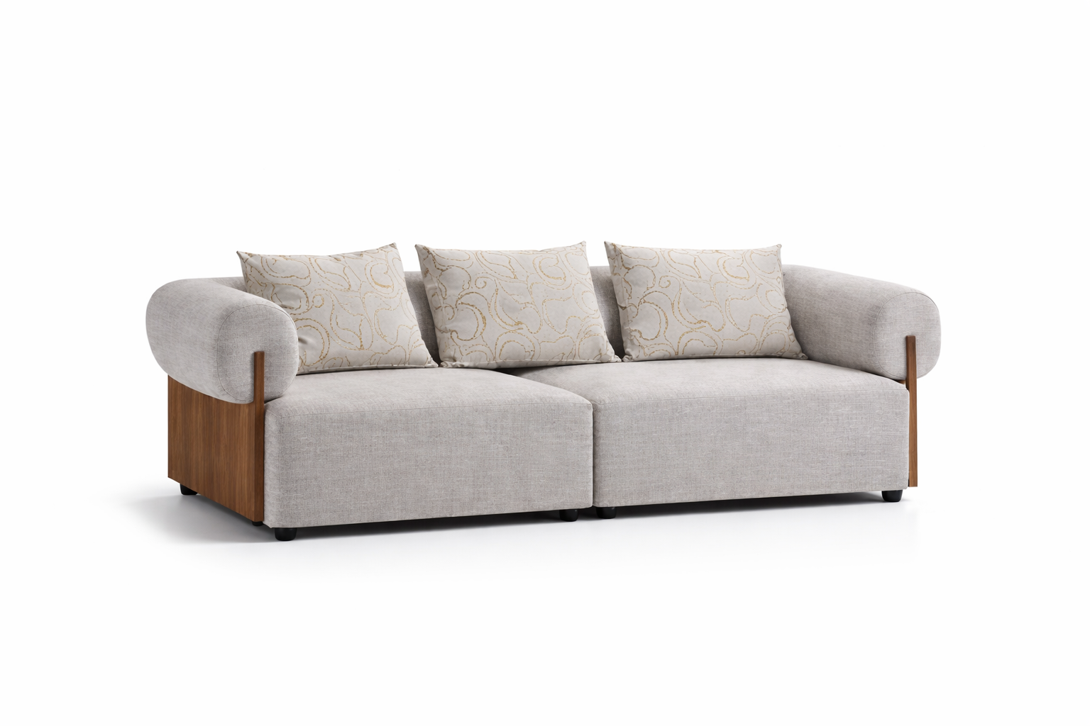 Gray sofa with wooden armrests and patterned cushions on a white background