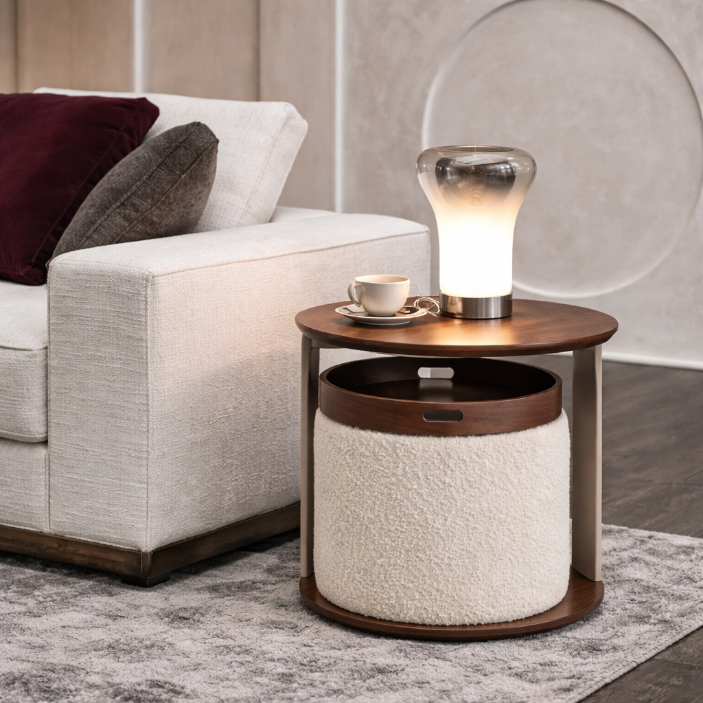 Small round wooden table with a lamp and cup next to a textured white sofa.