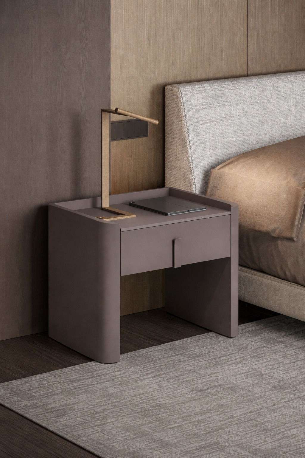Modern nightstand with lamp next to a bed in a bedroom setting