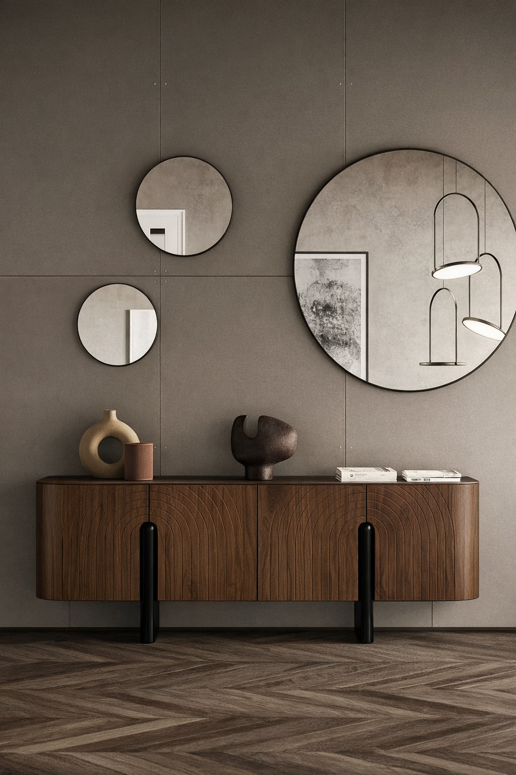 Wooden console table with decorative items against a wall with round mirrors.