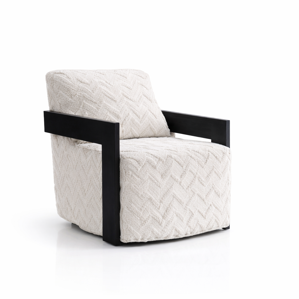 White armchair with black frame on a white background