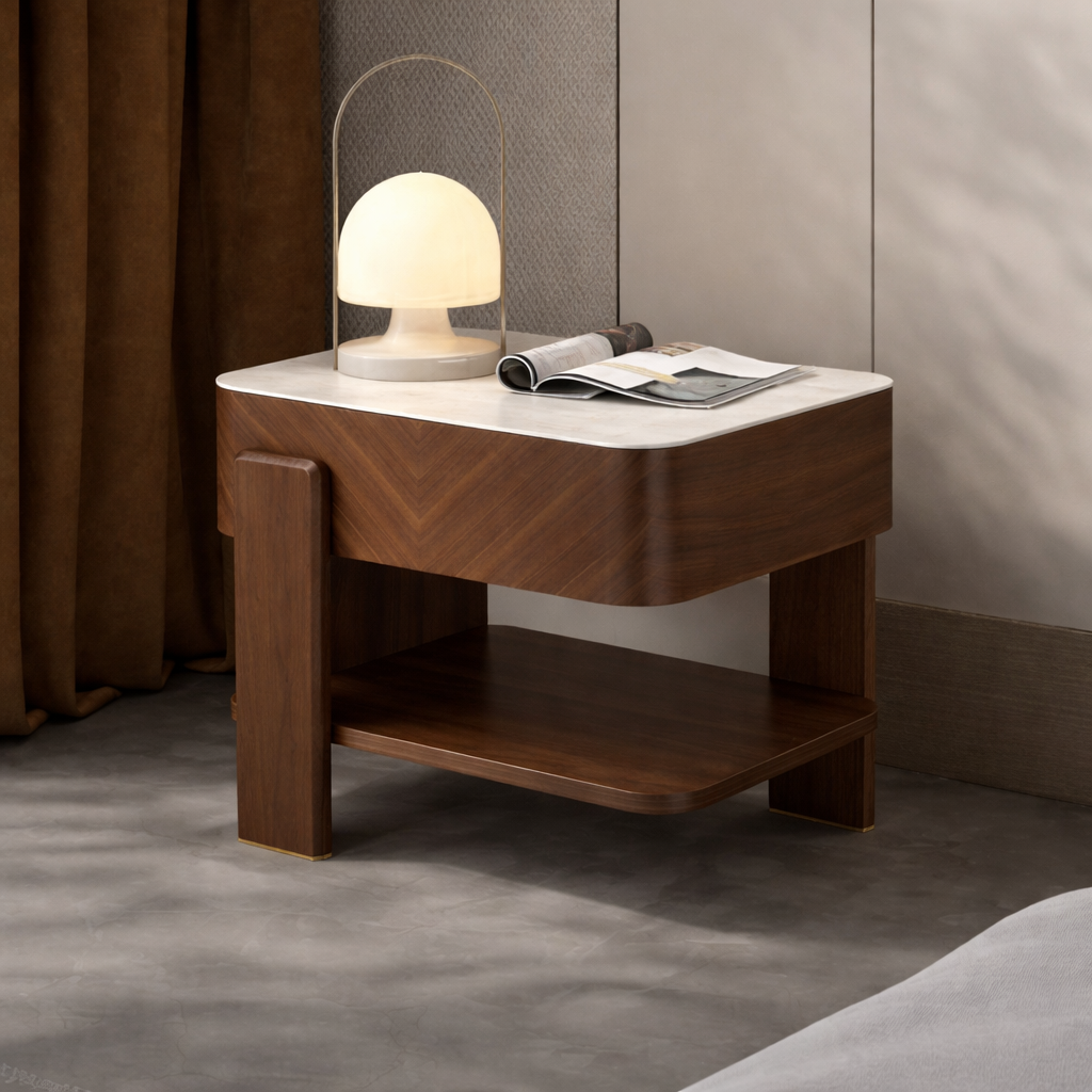 Wooden nightstand with a lamp and magazine against a neutral wall.