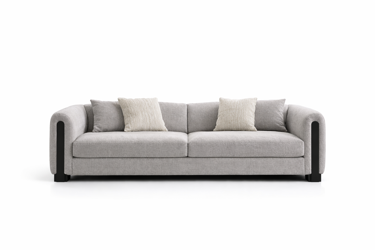 Gray sofa with black armrests on a white background