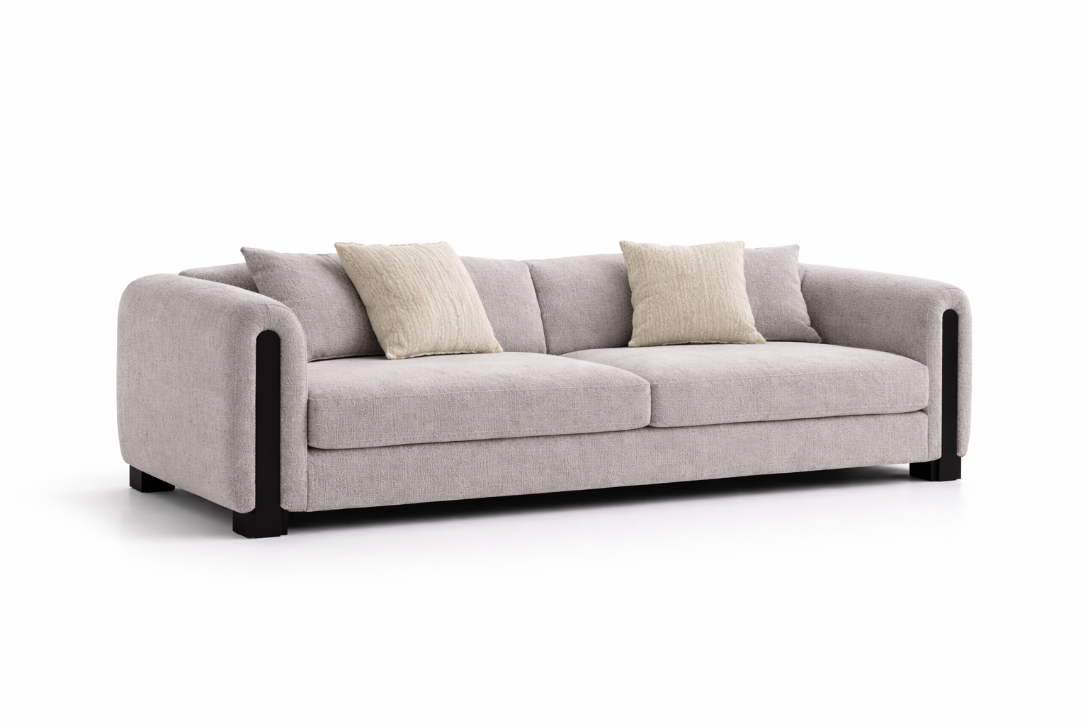 Gray sofa with beige cushions on a white background