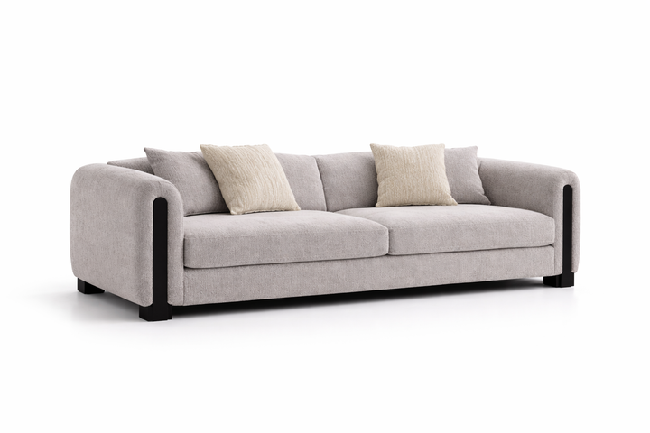 Gray sofa with beige cushions on a white background