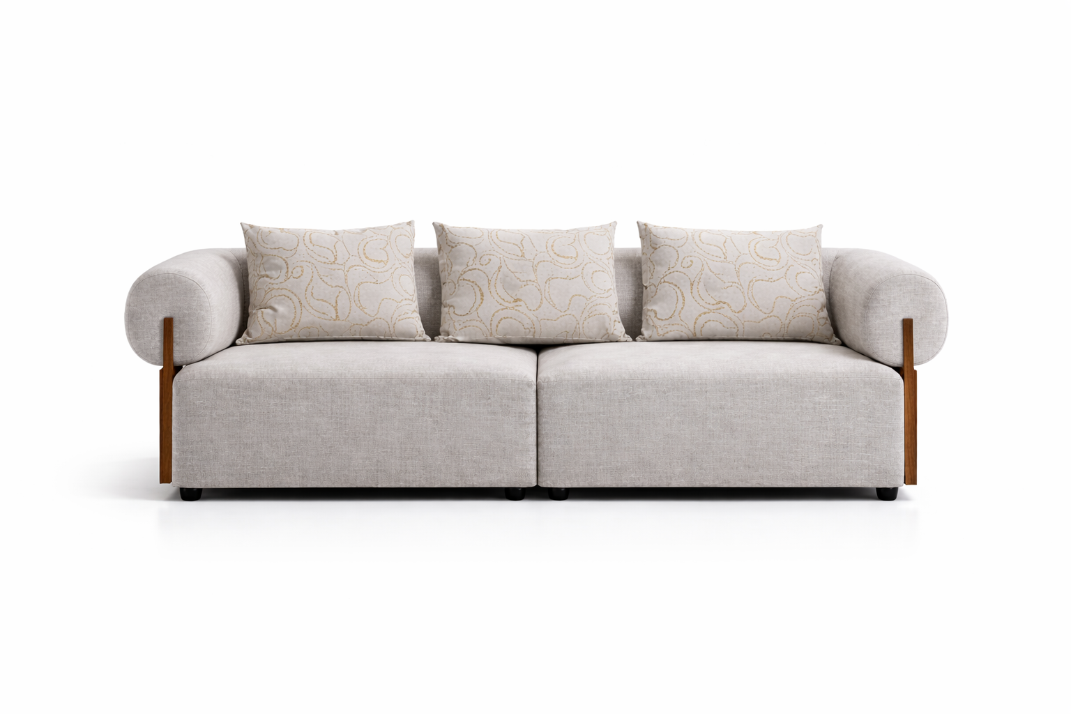 Gray sofa with patterned cushions on a white background