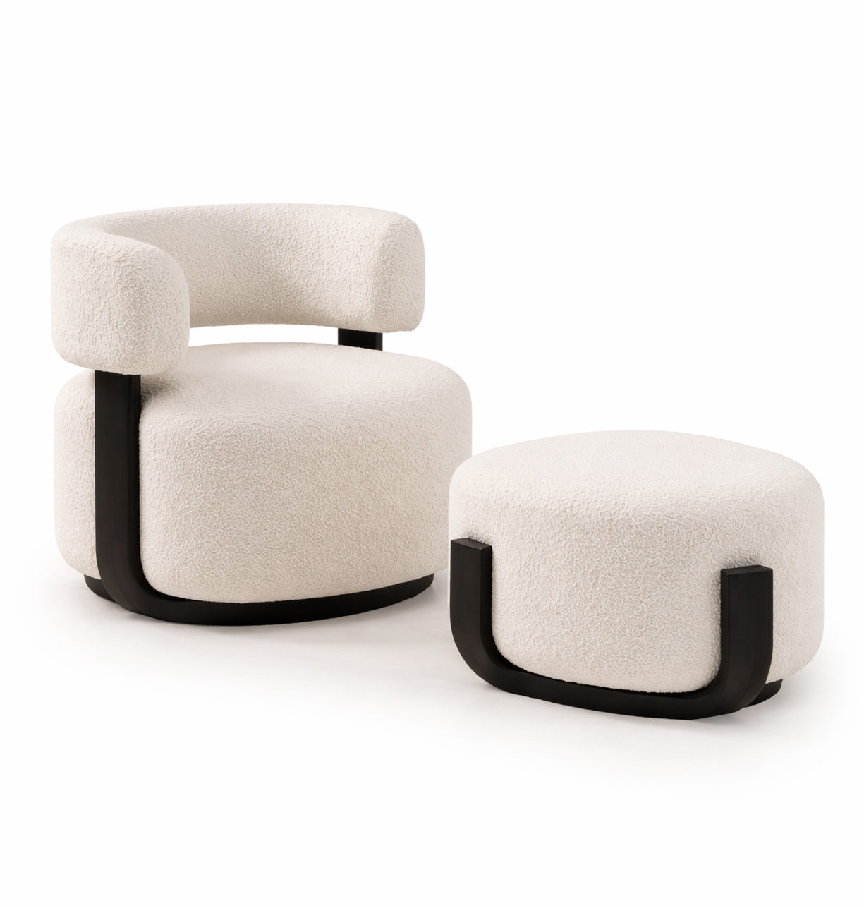 White armchair and ottoman with black legs on a white background