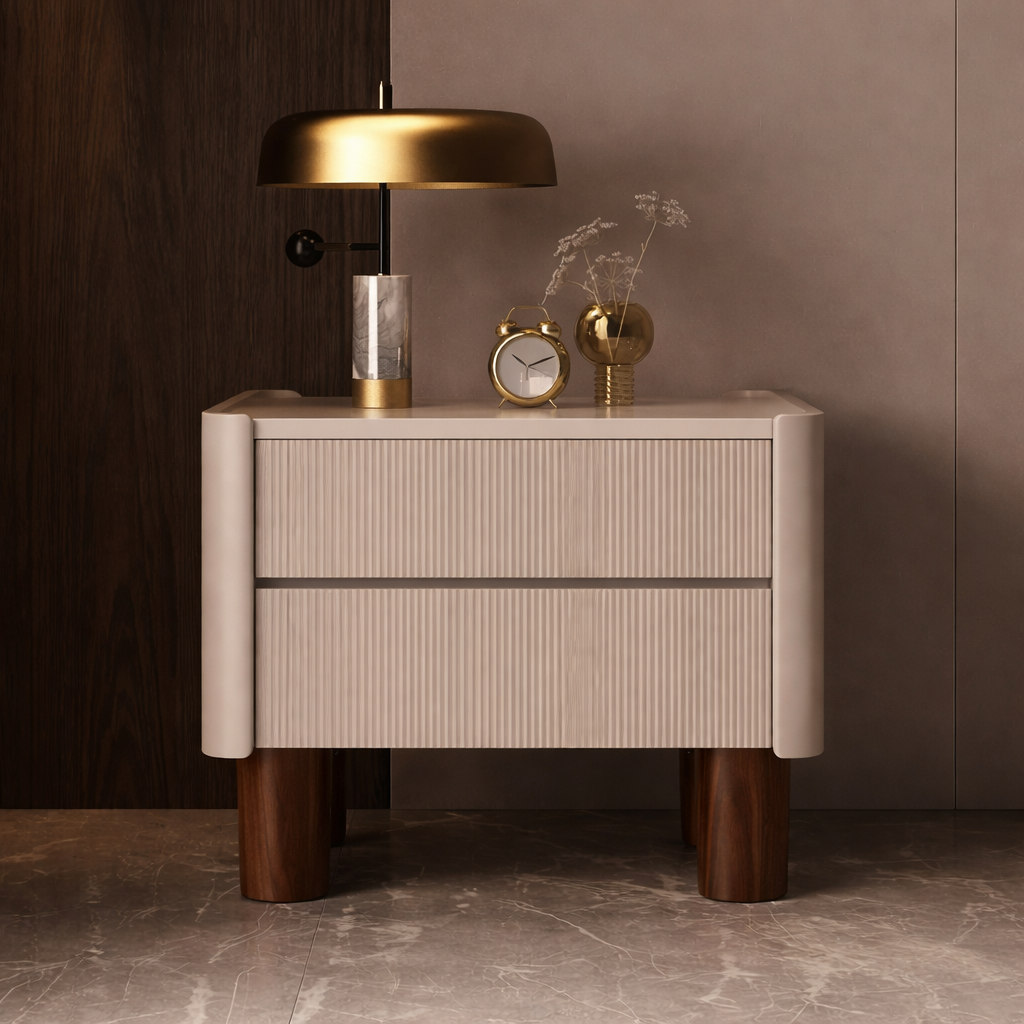 Beige nightstand with decorative items against a brown wall