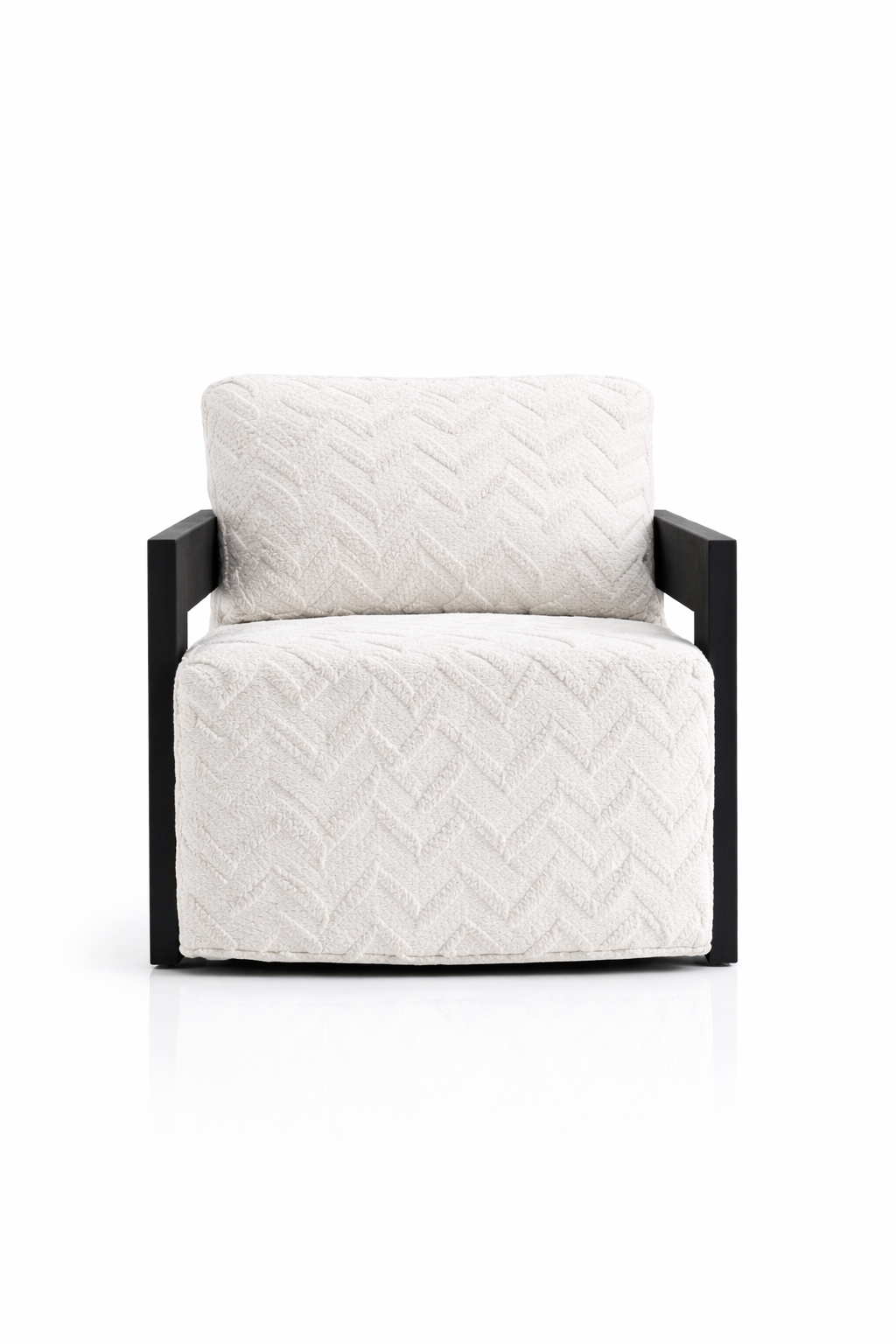 White quilted armchair with black frame on a white background