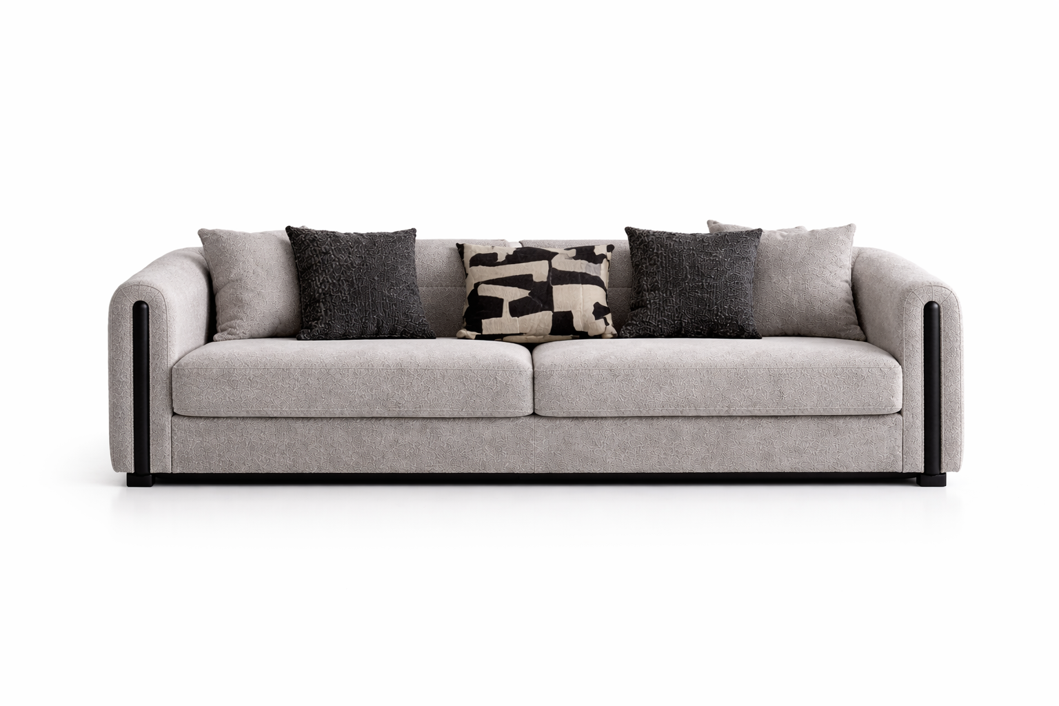 Gray sofa with decorative pillows on a white background