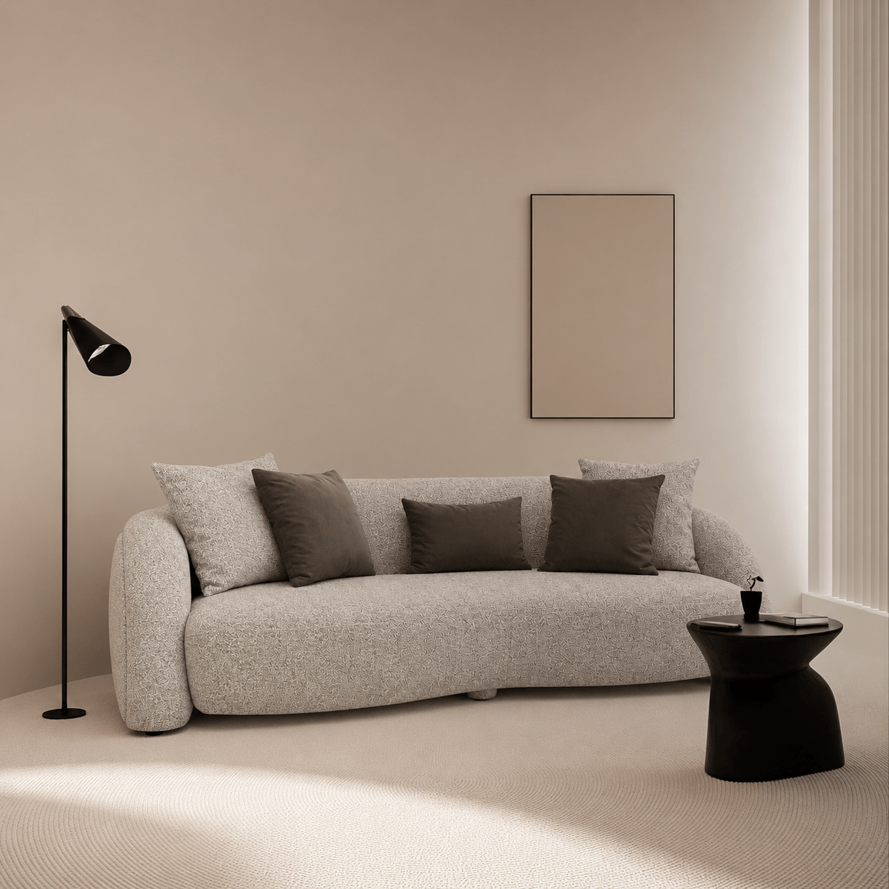 Modern living room with a gray sofa, black floor lamp, and small black table.